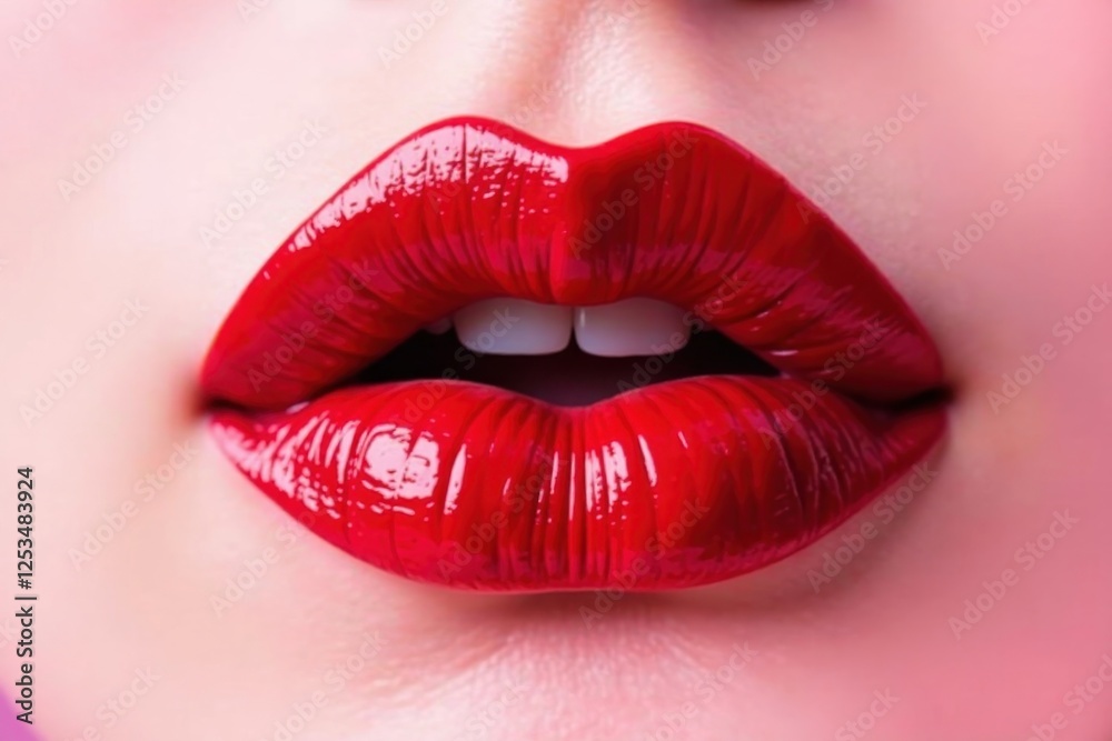 Close-up of luscious, glossy, red lips slightly parted, revealing a hint of white teeth, set against a soft, pink background. A vibrant image perfect for beauty and fashion applications. Close-up of luscious, glossy, red lips slightly parted, revealing a hint of white teeth, set against a soft, pink background. A vibrant image perfect for beauty and fashion applications.