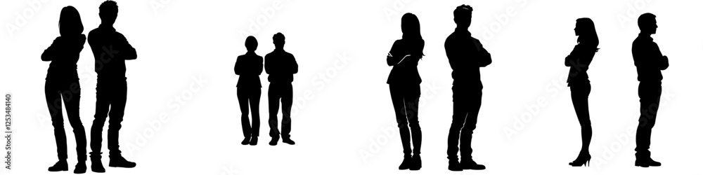 A pair of modern silhouettes, resembling business individuals, stand in profile with their heads tilted upwards, ensconced on a black and white backdrop A pair of modern silhouettes, resembling business individuals, stand in profile with their heads tilted upwards, ensconced on a black and white backdrop