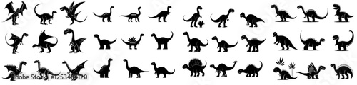 A set of silhouettes featuring dinosaurs, depicted in modern illustration style with black dinosaur silhouette icons isolated on a white background, showcasing a side view