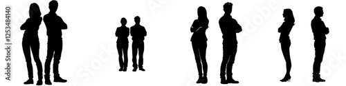 A pair of modern silhouettes, resembling business individuals, stand in profile with their heads tilted upwards, ensconced on a black and white backdrop