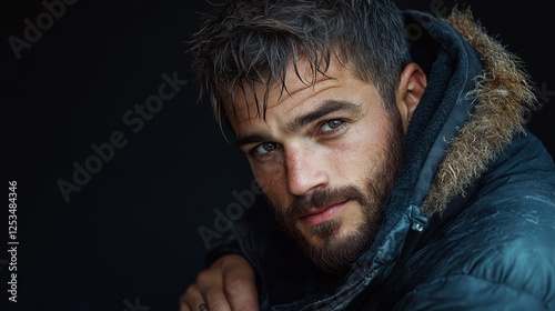 A rugged young man with tousled hair and a beard, wearing a warm coat, exudes a captivating charm against a dark background, highlighting his intense gaze and rugged features. photo