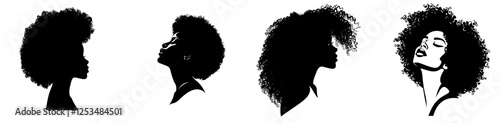 Profile silhouettes of black females against a pure white background