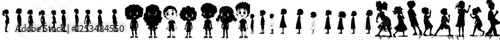 Kids sitting in silhouette form a modern black and white illustration, with children posed in various positions from the side