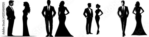A silhouette of a man in a suit and a woman in an evening gown standing side by side