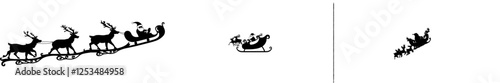 Santa Claus flying through the sky on a sleigh pulled by reindeers, depicted as a modern black silhouette on a white background. This illustration is ideal for winter holiday decorations, Christmas