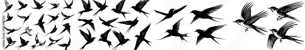 Obraz premium Modern silhouette of a flock of flying birds Modern set featuring a silhouette of flying black birds Silhouette of a modern flock of flying birds A modern set of a flying black bird silhouette