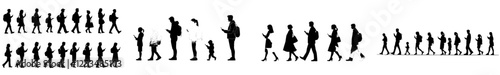 A collection of flat modern illustrations featuring black silhouettes of a man and woman at various stages of life, from infancy to old age, isolated on a white background