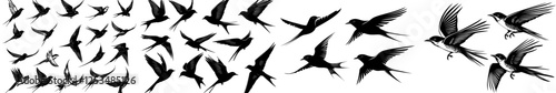 Modern silhouette of a flock of flying birds  Modern set featuring a silhouette of flying black birds  Silhouette of a modern flock of flying birds  A modern set of a flying black bird silhouette