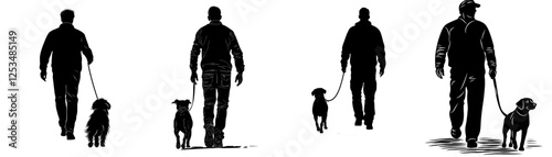 modern illustration of a man walking with a dog in silhouette, black and white