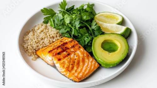 Weight Loss Fat Burning Concept, Closeup of a plate with grilled salmon, avocado, and quinoa, metabolicboosting meal for fat burning photo