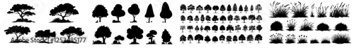 A modern set of black silhouettes featuring various trees and shrubs