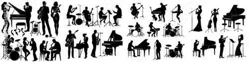 A silhouette of a group of musicians, each holding their instruments  A group of musicians' silhouettes with their instruments in hand  Silhouettes of musicians adorned with their musical instruments