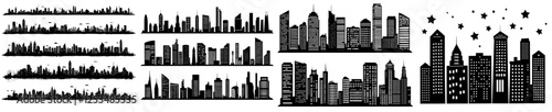 Modern urban cityscape illustration featuring night town skyline with black city buildings isolated on a white background