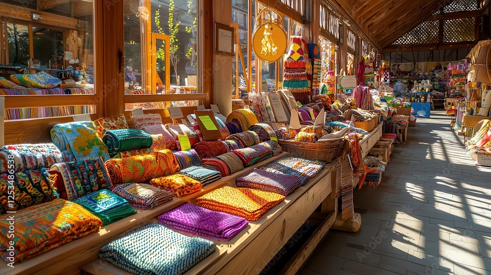 Fototapeta premium handcrafted goods display. Vibrant market showcasing colorful textiles and handmade crafts.