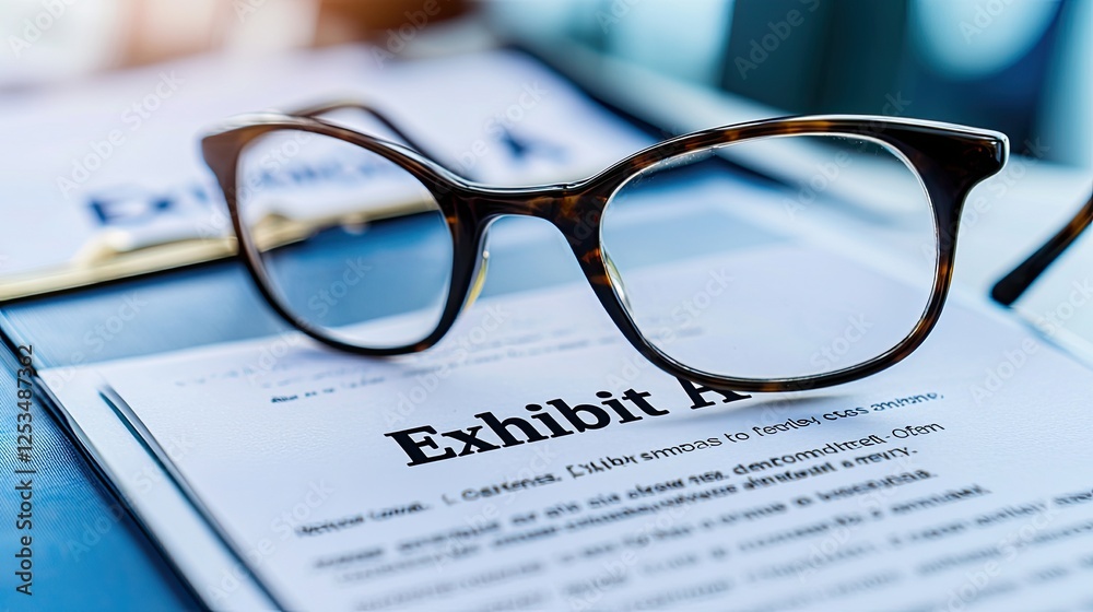 Detailed view of glasses placed on an exhibit document in a professional office setting Detailed view of glasses placed on an exhibit document in a professional office setting
