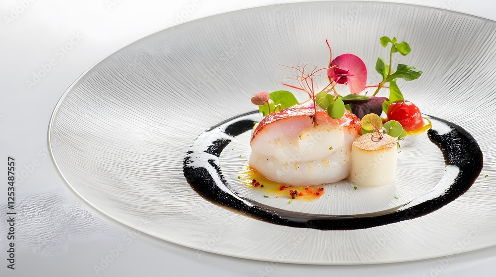 Elegant Gourmet Dish with Sea Scallop, Vegetables, and Sauces Elegant Gourmet Dish with Sea Scallop, Vegetables, and Sauces