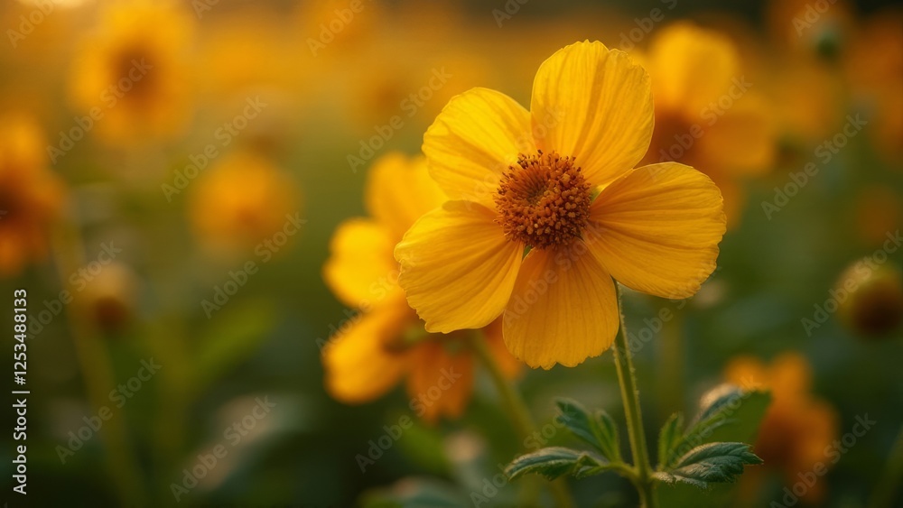 Sun-Kissed Meadow: Close-up of radiant yellow flowers in a golden bokeh field Sun-Kissed Meadow: Close-up of radiant yellow flowers in a golden bokeh field