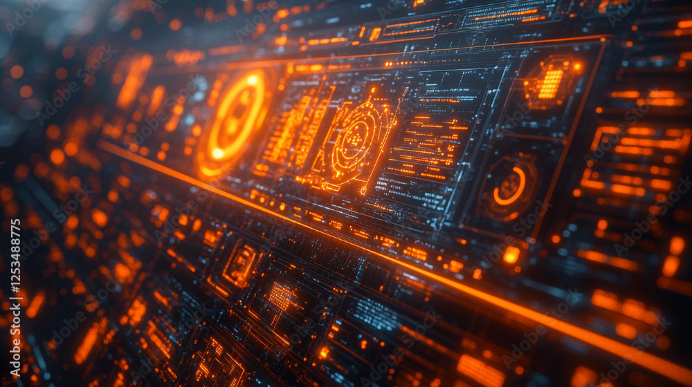Obraz premium Futuristic digital interface filled with glowing orange data elements and intricate patterns