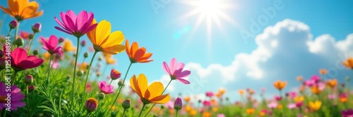 Fleurs de cosmos dans un jardin avec soleil et ciel bleu, fleur, fleur jaune, fleur verte