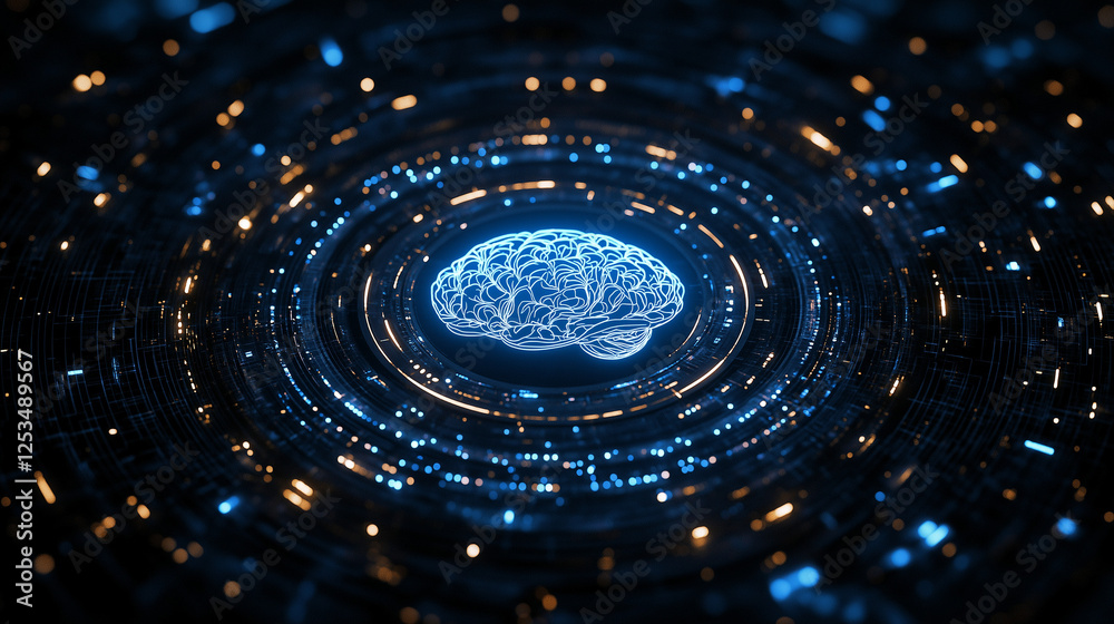 Brainwaves: An ethereal blue human brain shimmers and pulsates in the center of a deep, abstract digital space, conveying the power and mystery of thought. Brainwaves: An ethereal blue human brain shimmers and pulsates in the center of a deep, abstract digital space, conveying the power and mystery of thought.