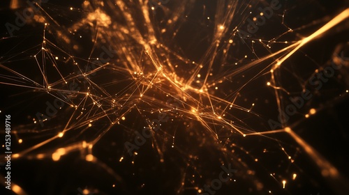 Abstract golden network connection with glowing dots in a dark background