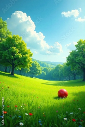 grassy field with scattered trees and a single bouncy ball on the ground, gr?nefl?chen, waldflora, felderblumen photo