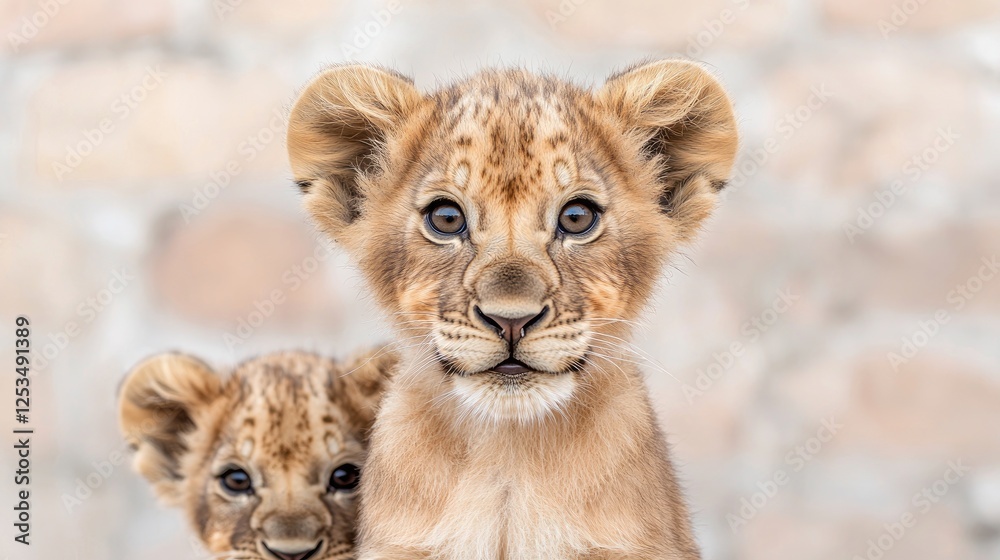 Obraz premium Close-up of adorable lion cubs in a zoo setting. Possible use Children's book illustration, educational material, or stock photo for animal lovers