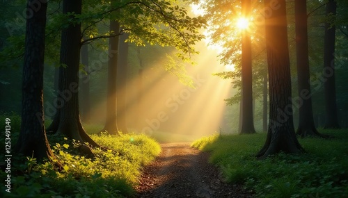 Morning light peeks through the trees in a forest, peaceful, morning light