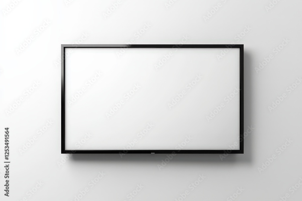Flat screen TV with a black frame on a white wall providing a sleek minimalist blank canvas for video, entertainment, and advertising mockups. Flat screen TV with a black frame on a white wall providing a sleek minimalist blank canvas for video, entertainment, and advertising mockups.