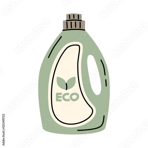 Eco friendly detergent bottle vector illustration. Green biodegradable laundry liquid container with an eco label. Sustainable cleaning product packaging vector icon. Organic detergent vector icon.
