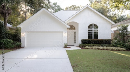 White house, suburban lawn, trees, driveway, real estate
