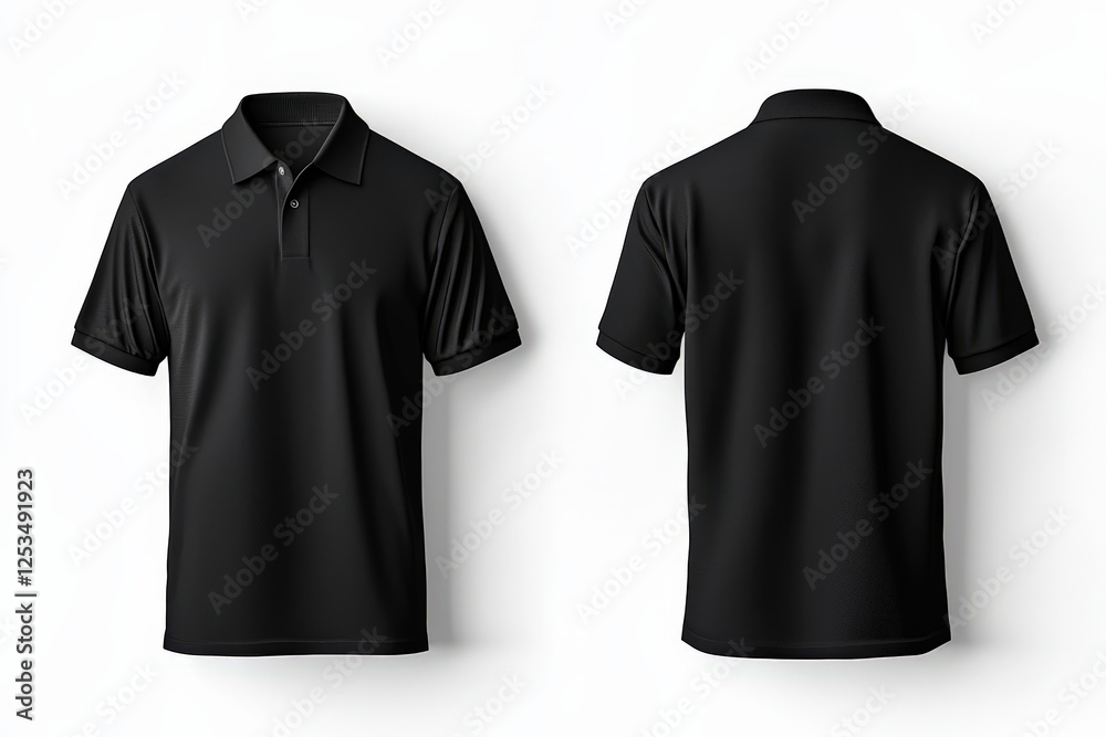 Black polo shirt displayed front and back on a white background, showing apparel design. Ideal for fashion retail or uniform concepts. Black polo shirt displayed front and back on a white background, showing apparel design. Ideal for fashion retail or uniform concepts.