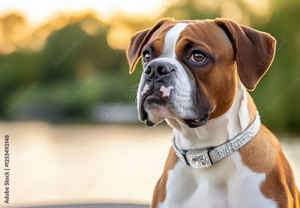 Close up portrait of a brown and white boxer dog, outdoors. The dog is looking to the side, with a soft focus background of out of focus greenery and water. The dog wears a sparkly silver collar Close up portrait of a brown and white boxer dog, outdoors. The dog is looking to the side, with a soft focus background of out of focus greenery and water. The dog wears a sparkly silver collar