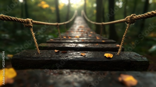 A wooden bridge lined with vibrant autumn leaves beckons wanderers to embrace the beauty of seasonal change in a serene forest setting during golden hour. photo