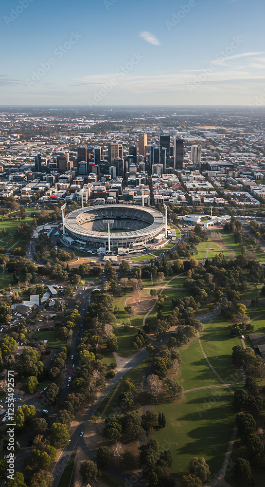 Fototapeta premium Melbourne Marvel: Aerial View of the MCG, City Skyline & Lush Parks - Australia's Sporting Heart & Urban Beauty!