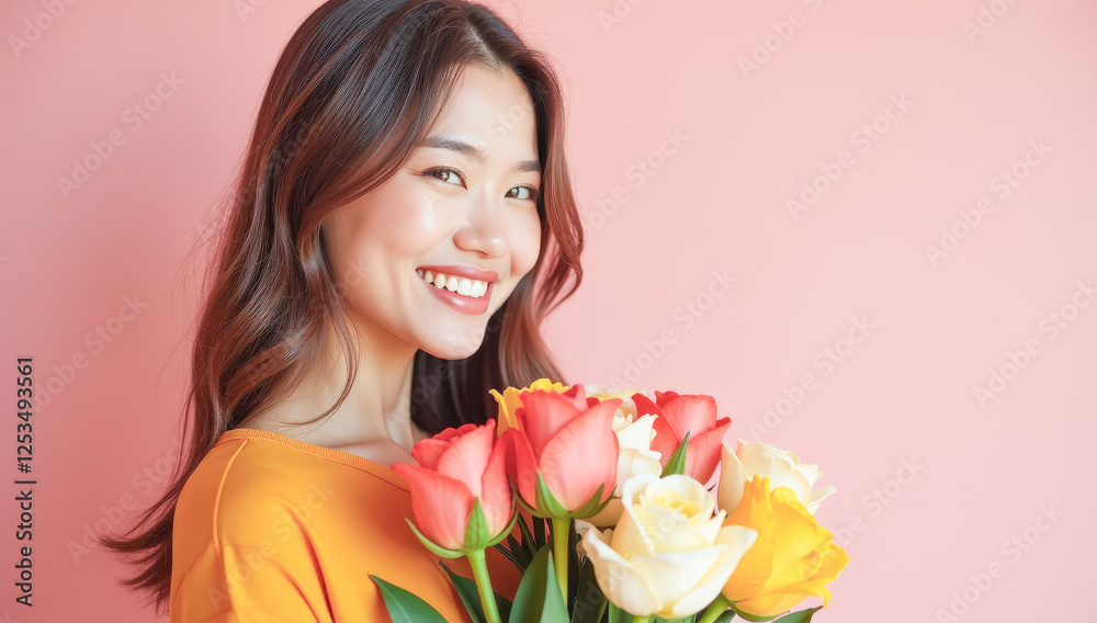 happy woman with a bouquet of flowers happy woman with a bouquet of flowers