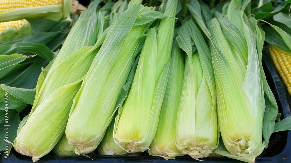 Fresh corn on the cob, closely packed, vibrant green husks, displayed for sale. Fresh corn on the cob, closely packed, vibrant green husks, displayed for sale.