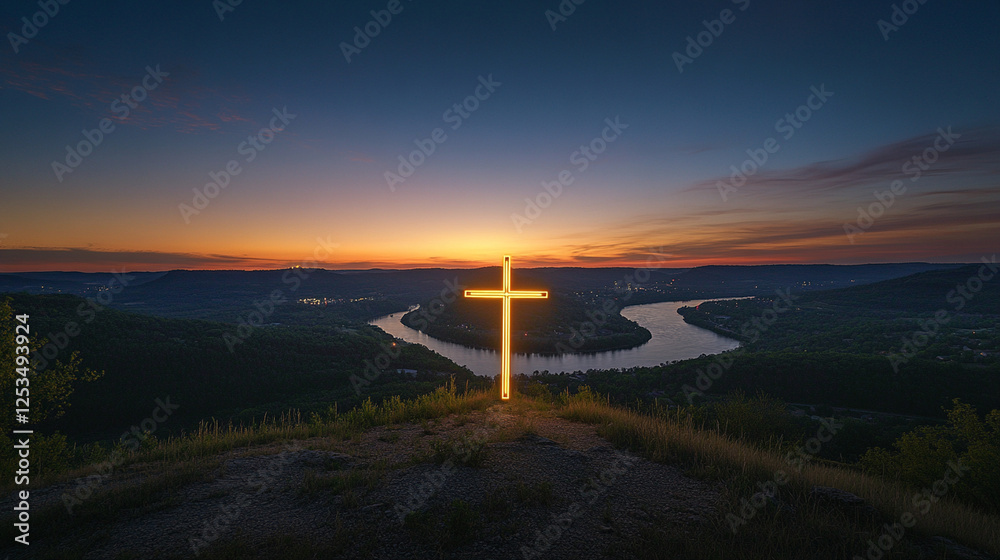 Obraz premium A glowing cross standing tall on a hill, illuminated by a breathtaking sunrise symbolizing hope and faith.