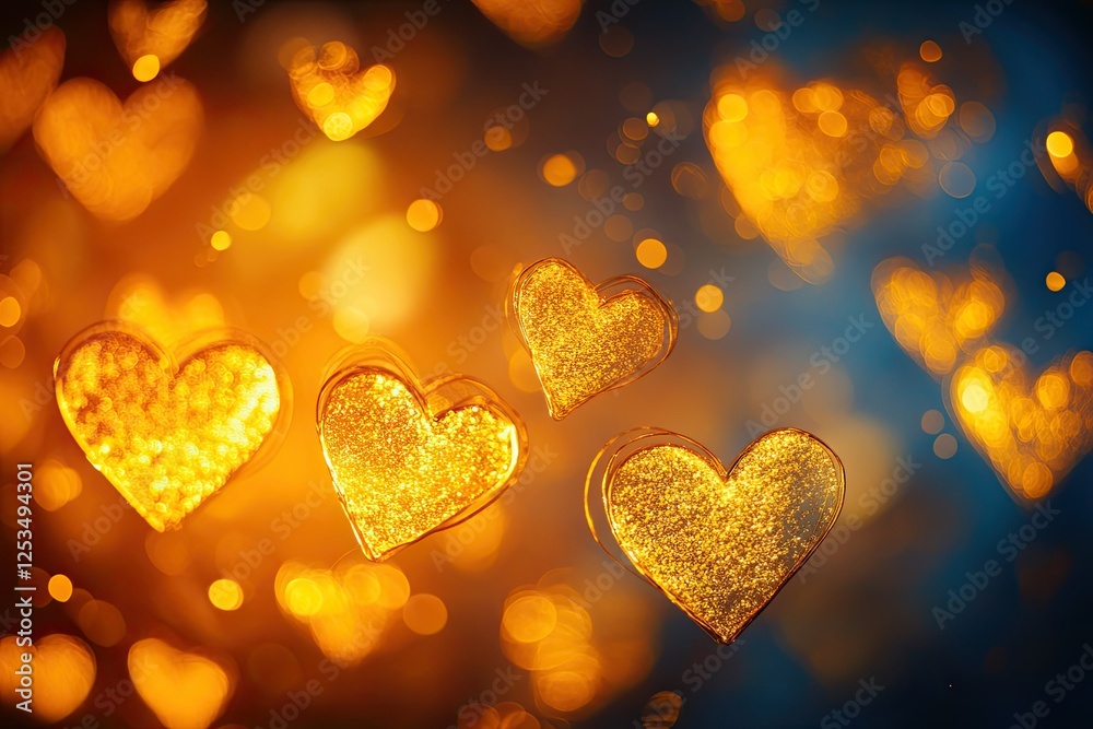 Fototapeta premium Abstract yellow glowing hearts with a bokeh background