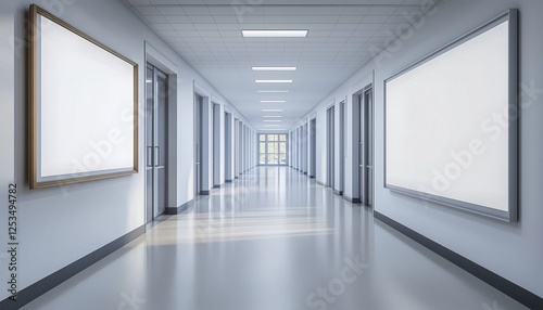 Empty Poster Mock-Up Adorns Modern School Corridor Interior: A Rendered Advertisement Displayed On A Blank Wall In A Realistic Setting.