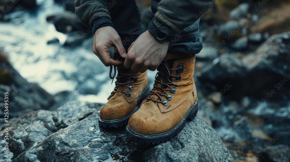 Hiker Tying Boots on Rock Before Adventure Hiker Tying Boots on Rock Before Adventure