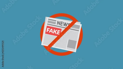 Newspaper with a red fake label and a red circle with a line through it. Suitable for rejecting fake news concepts.