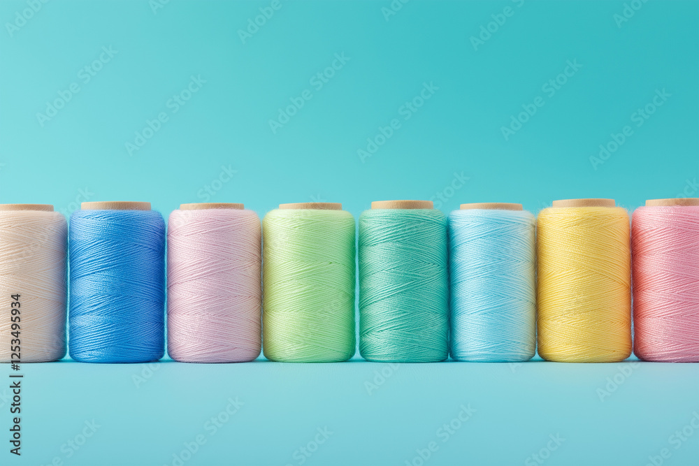 Variety of colorful sewing threads arranged neatly on a bright background for crafting and DIY projects Variety of colorful sewing threads arranged neatly on a bright background for crafting and DIY projects