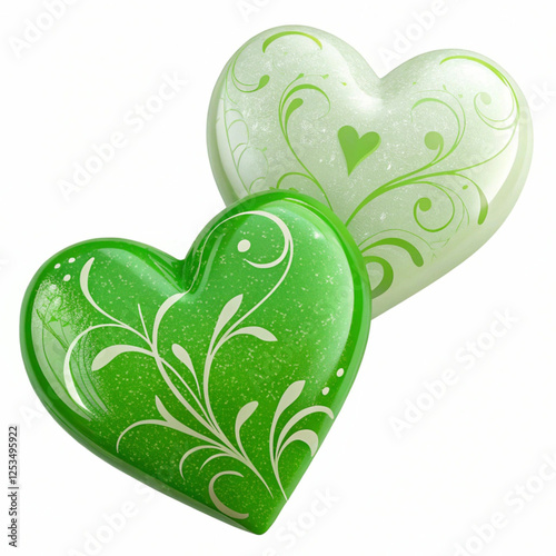 Two green and white hearts, 3D-rendered and isolated