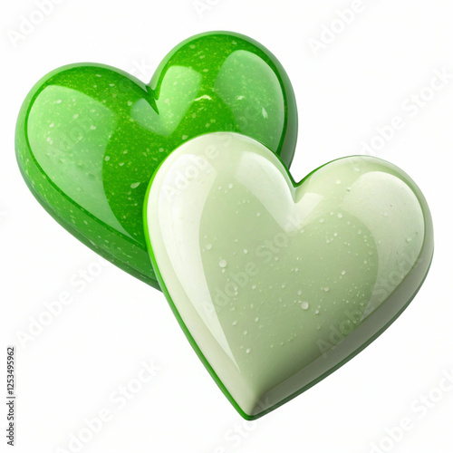 Two green and white hearts, 3D-rendered and isolated
