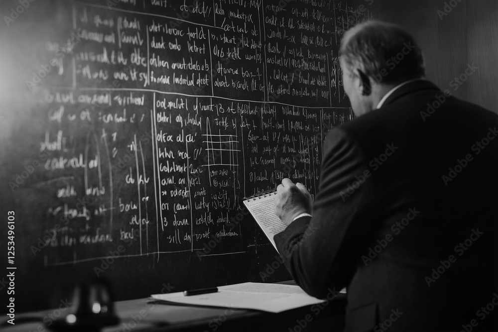 professor writing notes on a blackboard while explaining concepts in a classroom setting professor writing notes on a blackboard while explaining concepts in a classroom setting