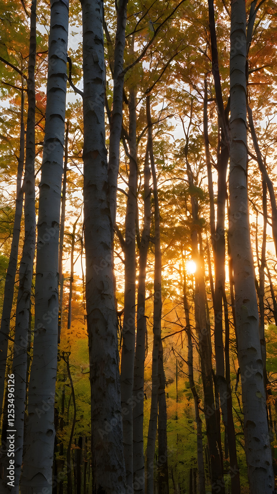Obraz premium Golden Sunset Through Trees: A serene and ethereal landscape featuring a vibrant golden sunset filtering through a forest of tall trees, casting a warm, ethereal glow on the autumnal scene.