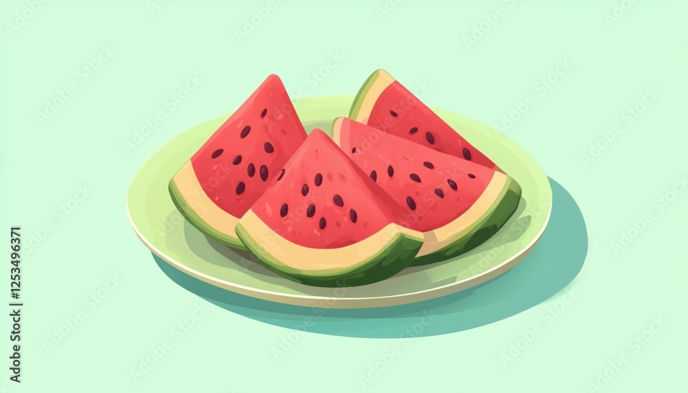 Summertime Delight: Juicy Red Watermelon Slices On A Green Plate, Refreshing And Healthy Fruit Snacks, Evoking Summer Vibes