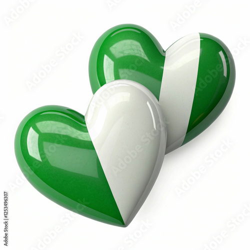 Two green and white hearts, 3D-rendered and isolated