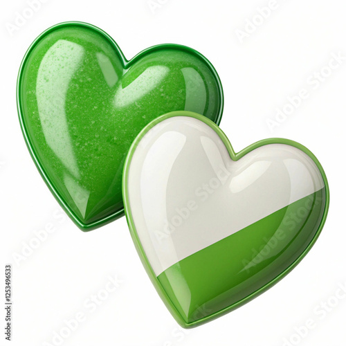 Two green and white hearts, 3D-rendered and isolated
